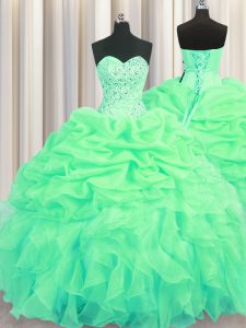 Simple Sleeveless Organza Floor Length Lace Up Quinceanera Gown in Green with Beading and Ruffles and Pick Ups
