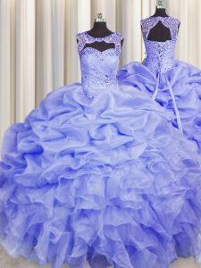 Luxury Scoop Sleeveless 15 Quinceanera Dress Floor Length Beading and Pick Ups Blue Organza