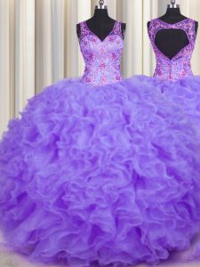 Stunning Ball Gowns Quinceanera Dresses Lavender V-neck Organza Sleeveless Floor Length Backless