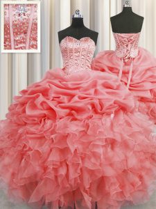 Romantic Visible Boning Sleeveless Floor Length Beading and Ruffles and Pick Ups Lace Up Quinceanera Gowns with Watermel