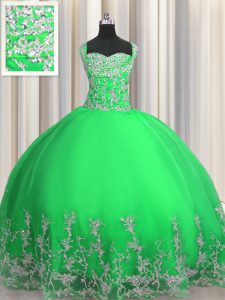 Apple Green Tulle Lace Up Straps Sleeveless Floor Length Quinceanera Dress Beading and Appliques