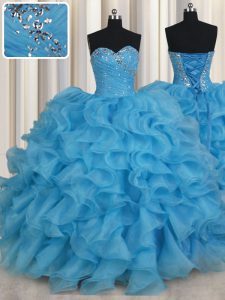 Perfect Baby Blue Sleeveless Floor Length Beading and Ruffles Lace Up Quince Ball Gowns