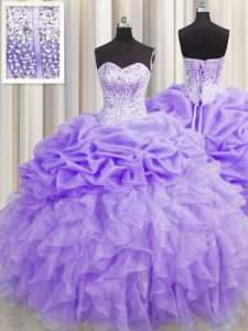 Lovely Visible Boning Sweetheart Sleeveless 15th Birthday Dress Floor Length Beading and Ruffles and Pick Ups Lavender O