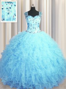 See Through Zipper Up Floor Length Baby Blue Quinceanera Gowns Tulle Sleeveless Beading and Ruffles