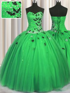 Fantastic Tulle Sweetheart Sleeveless Lace Up Beading and Appliques Quinceanera Gowns in Green
