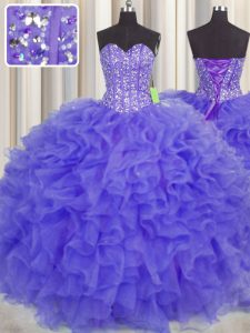 Visible Boning Sweetheart Sleeveless Organza Quince Ball Gowns Beading and Ruffles and Sashes ribbons Lace Up