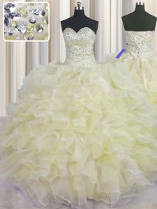 Light Yellow Organza Lace Up 15 Quinceanera Dress Sleeveless Floor Length Beading and Ruffles
