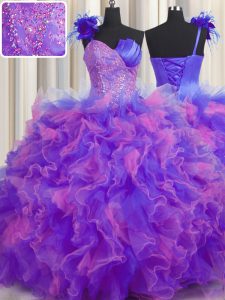 Custom Fit Handcrafted Flower Multi-color One Shoulder Neckline Beading and Ruffles and Hand Made Flower Quinceanera Dre