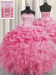 Glorious Visible Boning Rose Pink 15 Quinceanera Dress Military Ball and Sweet 16 and Quinceanera and For with Beading a
