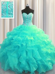 Cheap Visible Boning Ball Gowns Ball Gown Prom Dress Aqua Blue Sweetheart Organza Sleeveless Floor Length Lace Up