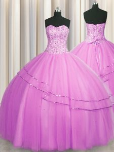 Visible Boning Really Puffy Lilac Ball Gowns Sweetheart Sleeveless Tulle Floor Length Lace Up Beading Sweet 16 Dress