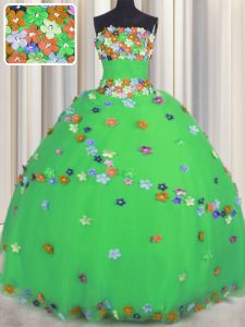 Suitable Green Tulle Lace Up Strapless Sleeveless Floor Length 15th Birthday Dress Hand Made Flower
