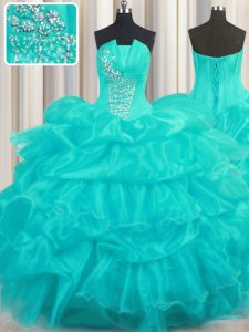 Unique Aqua Blue Sleeveless Beading and Ruffled Layers and Pick Ups Floor Length Quince Ball Gowns