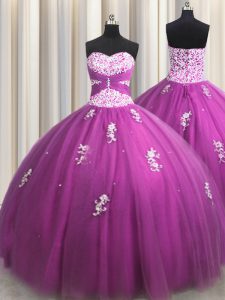 Most Popular Sweetheart Sleeveless Sweet 16 Dresses Floor Length Beading and Appliques Fuchsia Tulle