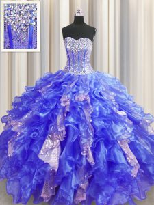 New Arrival Sequins Visible Boning Ball Gowns Quinceanera Gown Royal Blue Sweetheart Organza and Sequined Sleeveless Flo