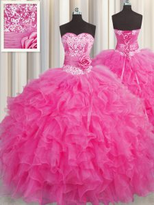 Handcrafted Flower Sleeveless Organza Floor Length Lace Up Quince Ball Gowns in Hot Pink with Beading and Ruffles