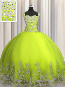 Glamorous Tulle Sleeveless Floor Length Quinceanera Dresses and Beading and Appliques