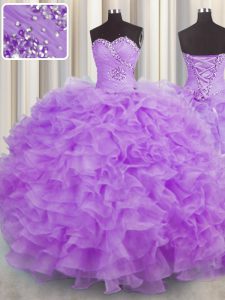 Lilac Lace Up Sweetheart Beading and Ruffles Quinceanera Dresses Organza Sleeveless