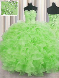 Hot Sale Sleeveless Floor Length Beading and Ruffles Lace Up 15th Birthday Dress with