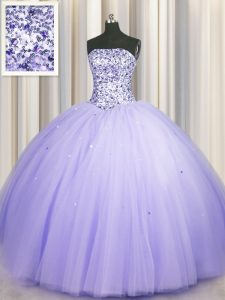 Puffy Skirt Lavender Sleeveless Floor Length Beading and Sequins Lace Up Quinceanera Gowns