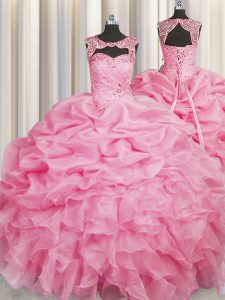 Scoop Rose Pink Sleeveless Beading and Pick Ups Floor Length Sweet 16 Dresses