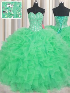 Stunning Visible Boning Green Sweetheart Neckline Beading and Ruffles Vestidos de Quinceanera Sleeveless Lace Up