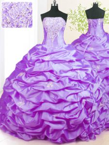 New Style Lavender Taffeta Lace Up Sweet 16 Dress Sleeveless With Train Sweep Train Beading