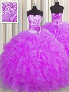 Pretty Handcrafted Flower Organza Sleeveless Floor Length 15 Quinceanera Dress and Beading and Ruffles and Hand Made Flo