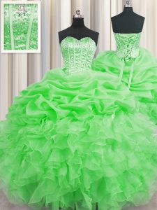 Visible Boning Green Sleeveless Floor Length Beading and Ruffles and Pick Ups Lace Up Quinceanera Gowns
