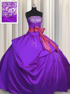 Fashion Purple Ball Gowns Strapless Sleeveless Taffeta Floor Length Lace Up Beading and Bowknot Quinceanera Dresses