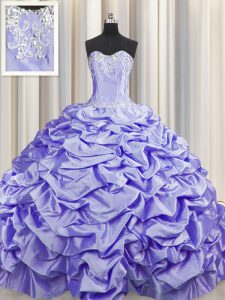 Romantic Brush Train Lace Up Ball Gown Prom Dress Lavender for Military Ball and Sweet 16 with Beading and Pick Ups Swee