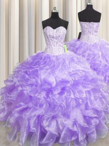 Visible Boning Zipper Up Lavender Zipper Ball Gown Prom Dress Beading and Ruffles Sleeveless Floor Length