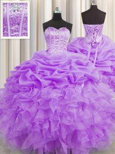 Pretty Visible Boning Lilac Ball Gowns Organza Sweetheart Sleeveless Beading and Ruffles and Pick Ups Floor Length Lace 