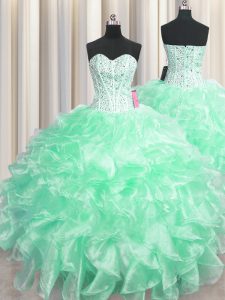 Customized Visible Boning Apple Green Organza Zipper Sweetheart Sleeveless Floor Length Quince Ball Gowns Beading and Ru