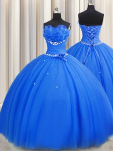 Luxury Handcrafted Flower Strapless Sleeveless Lace Up Quinceanera Dress Blue Tulle