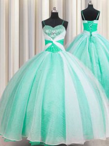 Floor Length Apple Green Quinceanera Dresses Spaghetti Straps Sleeveless Lace Up