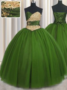 Customized Ball Gowns 15th Birthday Dress Green Sweetheart Tulle Sleeveless Floor Length Lace Up