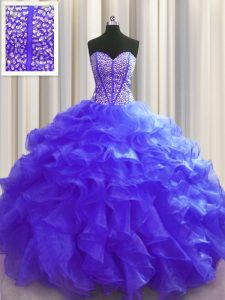 Visible Boning Organza Sweetheart Sleeveless Lace Up Beading and Ruffles Sweet 16 Dress in Purple