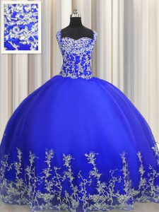 Unique Halter Top Floor Length Royal Blue Sweet 16 Quinceanera Dress Organza Sleeveless Beading and Appliques