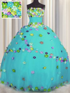Amazing Aqua Blue Strapless Neckline Hand Made Flower Quinceanera Gowns Sleeveless Lace Up