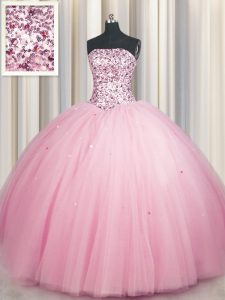 Flirting Big Puffy Pink Lace Up Sweet 16 Dresses Sequins Sleeveless Floor Length