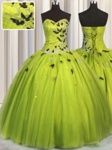 Fitting Sweetheart Sleeveless Lace Up Quinceanera Gown Olive Green Tulle