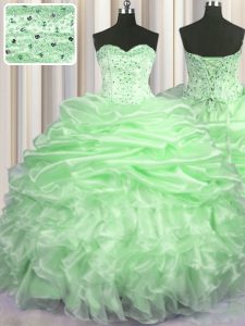Lace Up Ball Gown Prom Dress Beading and Ruffles and Pick Ups Sleeveless With Brush Train