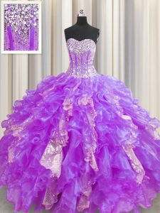 Custom Made Visible Boning Lavender Lace Up Sweetheart Beading and Ruffles and Sequins Sweet 16 Quinceanera Dress Organz