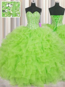 Visible Boning Sleeveless Floor Length Beading and Ruffles Lace Up Sweet 16 Dress