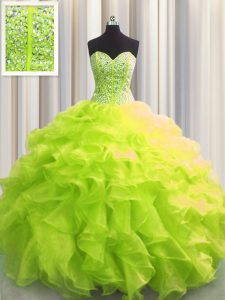 Visible Boning Sleeveless Organza Floor Length Lace Up 15th Birthday Dress in Yellow Green with Beading and Ruffles