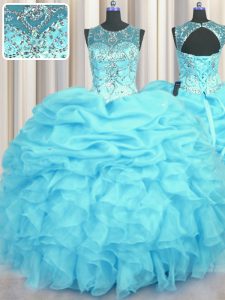 See Through Aqua Blue Scoop Lace Up Beading and Ruffles and Pick Ups Quinceanera Gowns Sleeveless