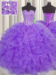 Lovely Visible Boning Purple Organza Lace Up Sweetheart Sleeveless Floor Length Ball Gown Prom Dress Lace and Ruffles an
