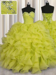 Pretty Beading and Ruffles Quinceanera Gowns Yellow Green Lace Up Sleeveless Floor Length