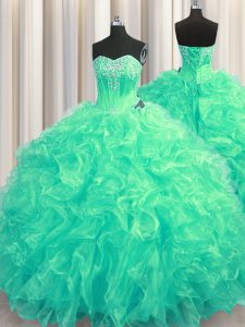 Fine Turquoise Sweetheart Neckline Beading and Ruffles 15th Birthday Dress Sleeveless Lace Up